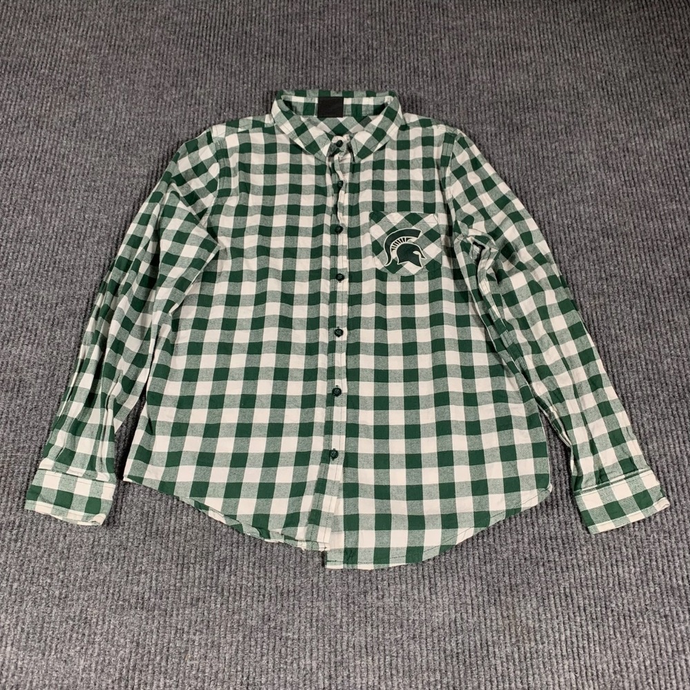 Michigan State Spartans Top Womens Large Green Plaid Flannel Button Up Spell Out